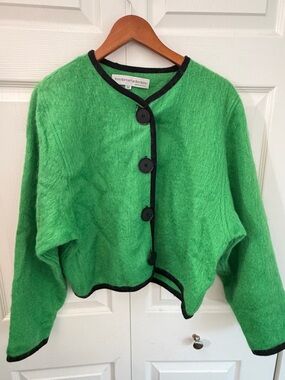 Tony Lambert Collections Vintage Green Mohair Wool Cardigan Jacket‎ Black Trim M
